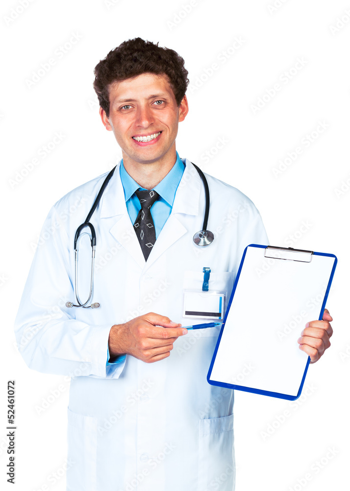 Smiling male doctor showing clipboard with copy space for text Smiling male doctor showing clipboard with copy space for text