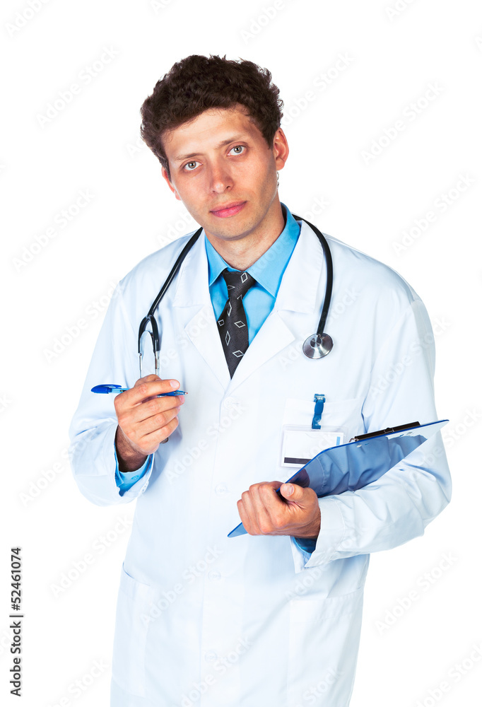 Young male doctor writing on a patient's medical chart Young male doctor writing on a patient's medical chart
