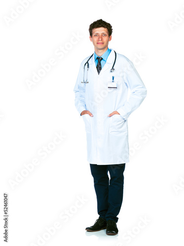 Portrait of the doctor standing on a white background