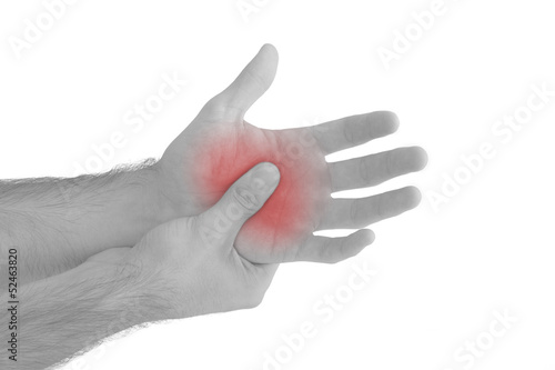 Acute pain in a man palm. Female holding hand to spot of palm-ac