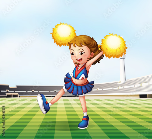 A soccer field with a cheerdancer