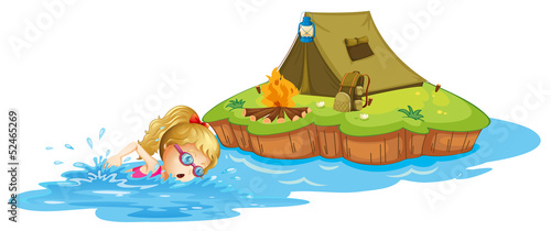 A girl swimming near an island with tent