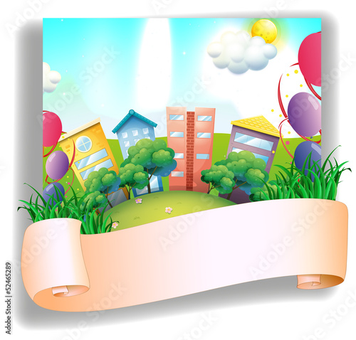 An empty banner in front of a city