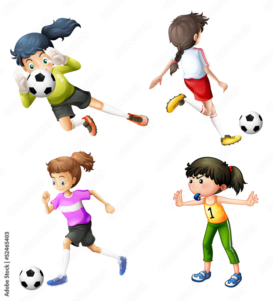 Four girls playing soccer