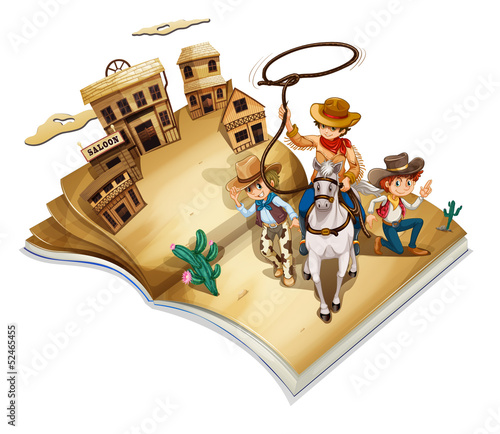 A book with an image of three cowboys