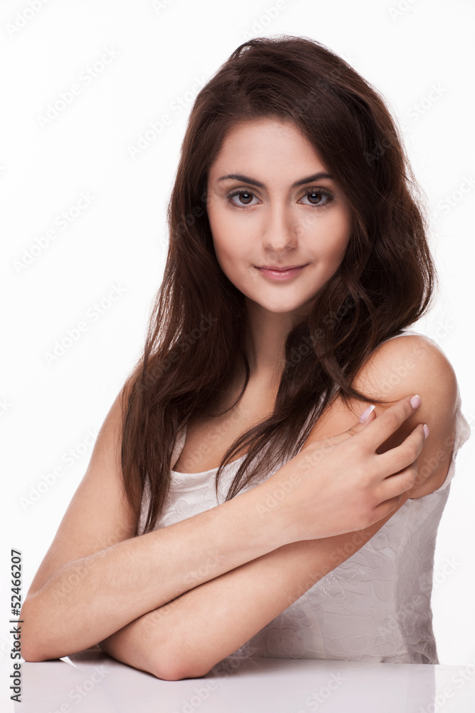 Beautiful brunette girl on white background Beautiful brunette girl on white background