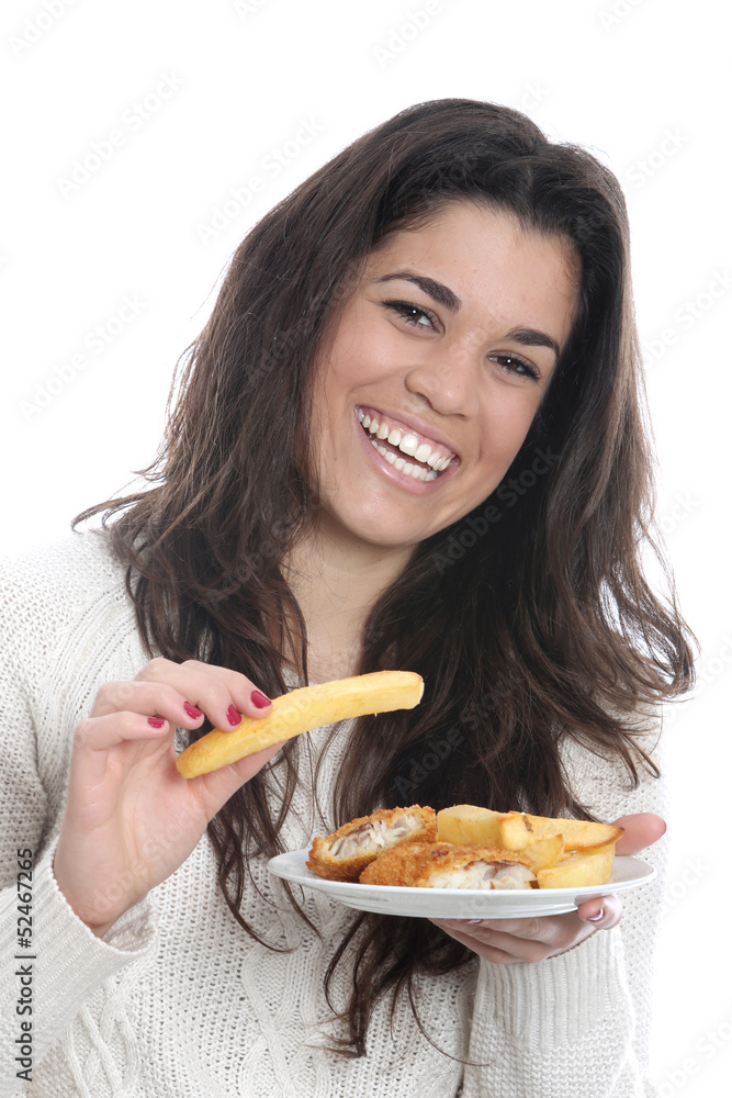 Model Released. Young Woman Eating Fish and Chips Model Released. Young Woman Eating Fish and Chips
