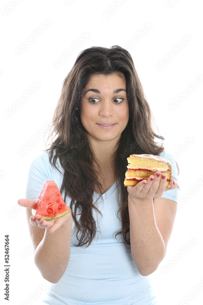 Model Released. Young Woman Holding Melon and Cake Model Released. Young Woman Holding Melon and Cake