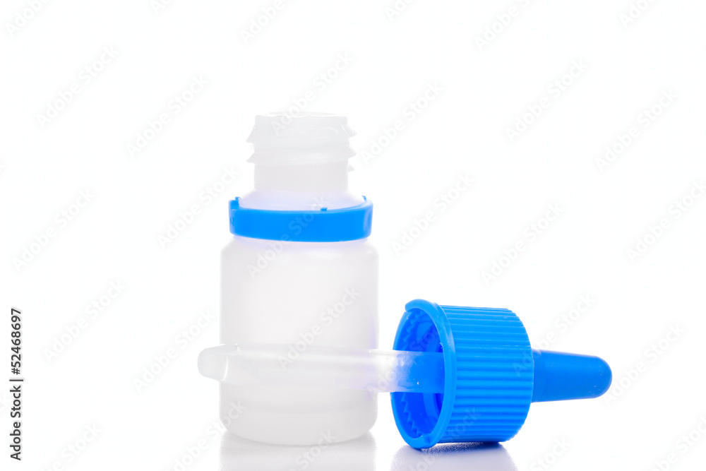One opened white plastic bottle with a blue cap-dropper One opened white plastic bottle with a blue cap-dropper