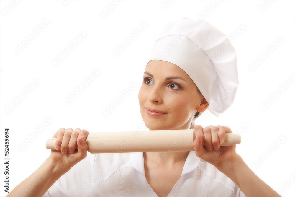 Baker / Chef woman holding baking rolling pin, isolated on white Baker / Chef woman holding baking rolling pin, isolated on white