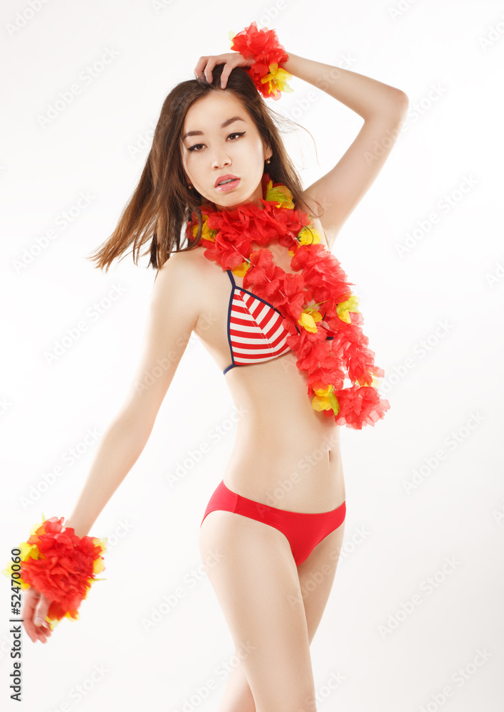 Fantasy. Slim Japanese Girl in Red Bikini with Origami Flowers Stock Photo  | Adobe Stock