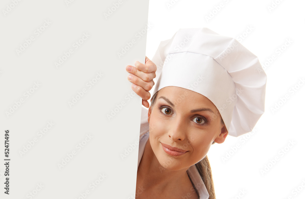 Woman cook holding paper sign, isolated on white background Woman cook holding paper sign, isolated on white background