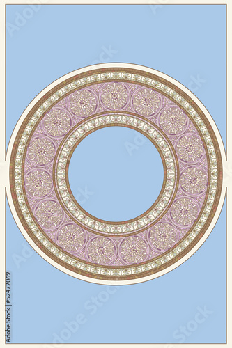 Mucha inspired round mosaic ornament on blue background
