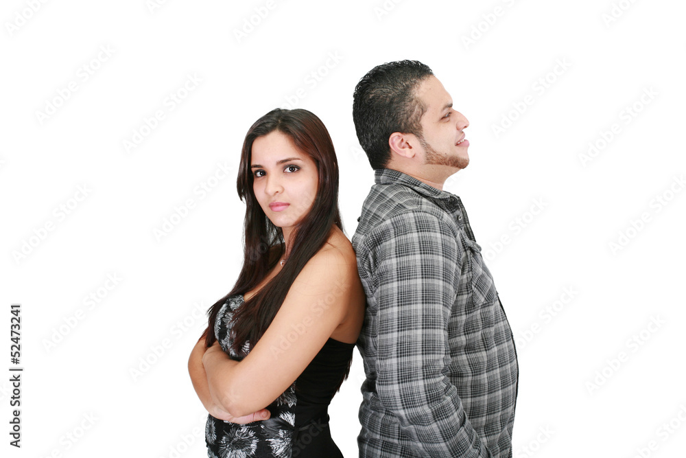 Woman mad at her husband against a white a background Woman mad at her husband against a white a background