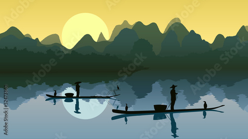 Vector illustration fisher on lake against sun.