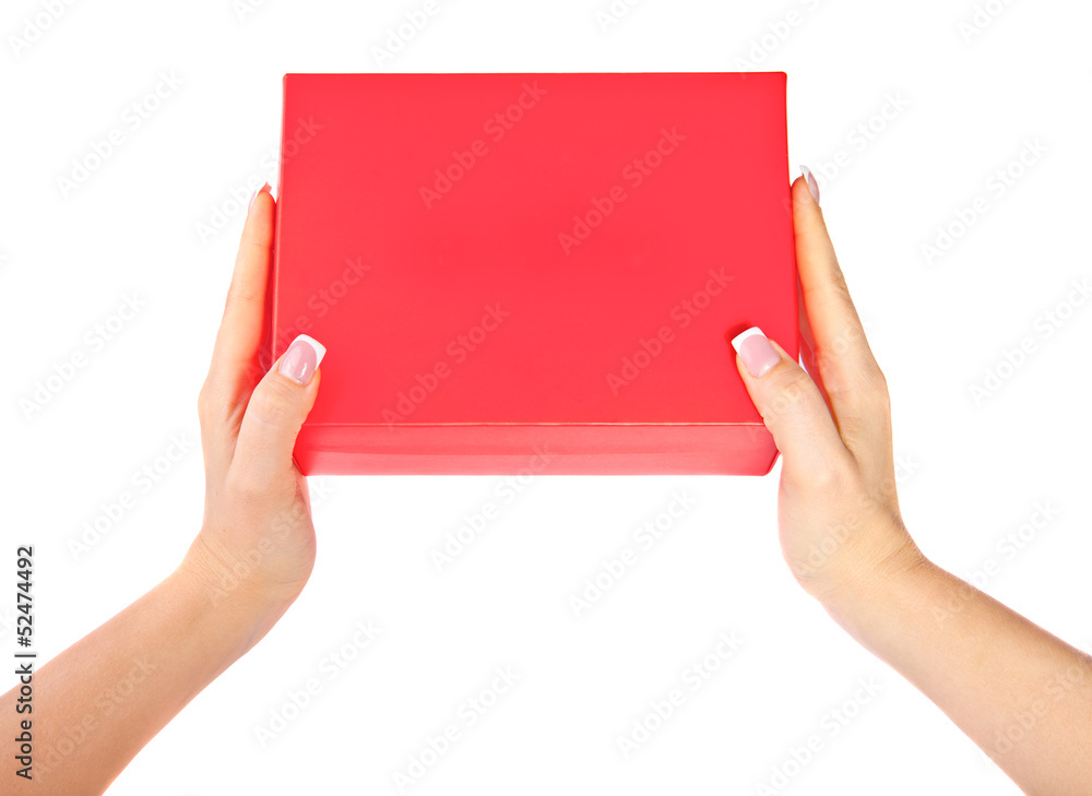 Women's hands with a red box on a white background Women's hands with a red box on a white background