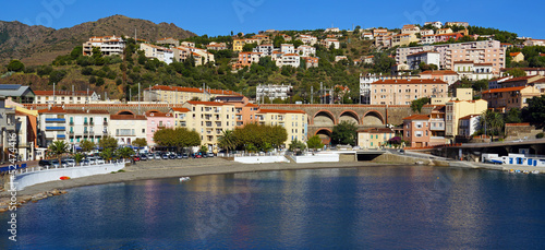 Panorama of the Mediterranean village of Cerbere and its beach, Cote Vermeille, Pyrenees Orientales, Roussillon, France