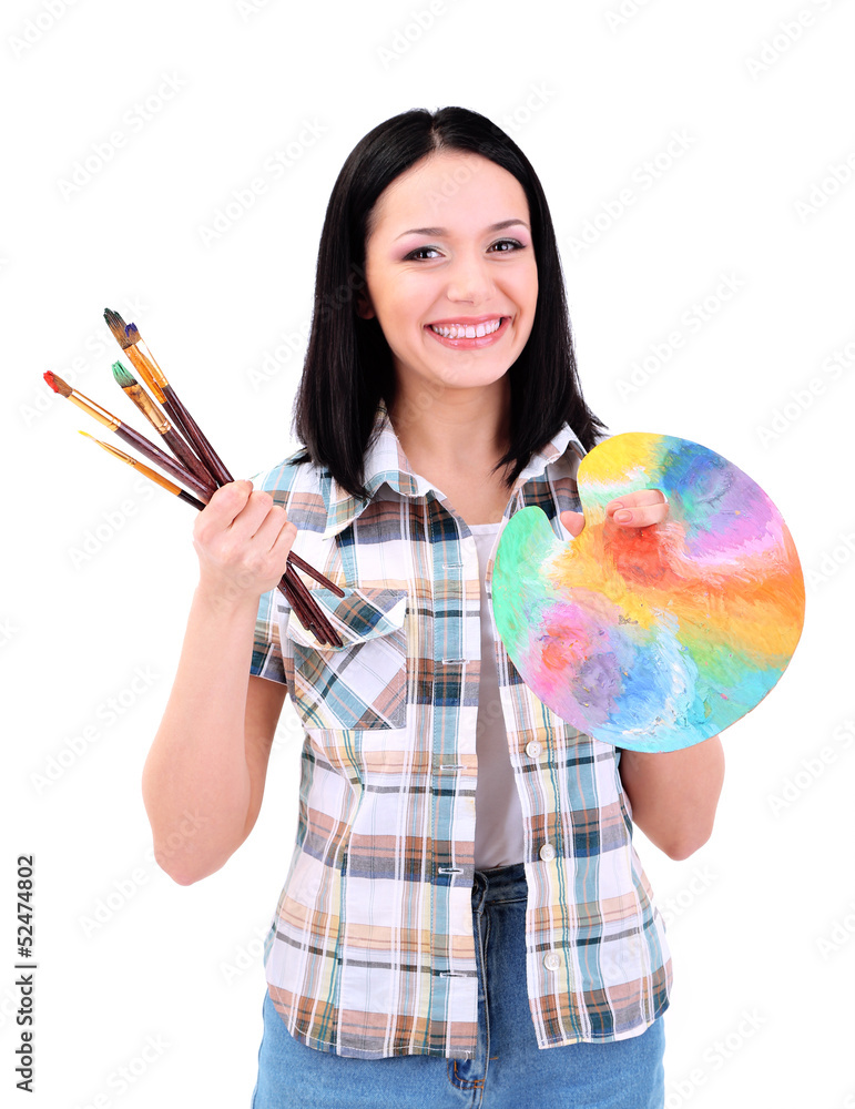 Beautiful young woman painter with brushes and palette, Beautiful young woman painter with brushes and palette,