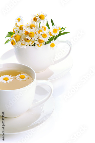 Fototapeta Naklejka Na Ścianę i Meble -  Cups of herbal tea and wild camomiles, isolated on white