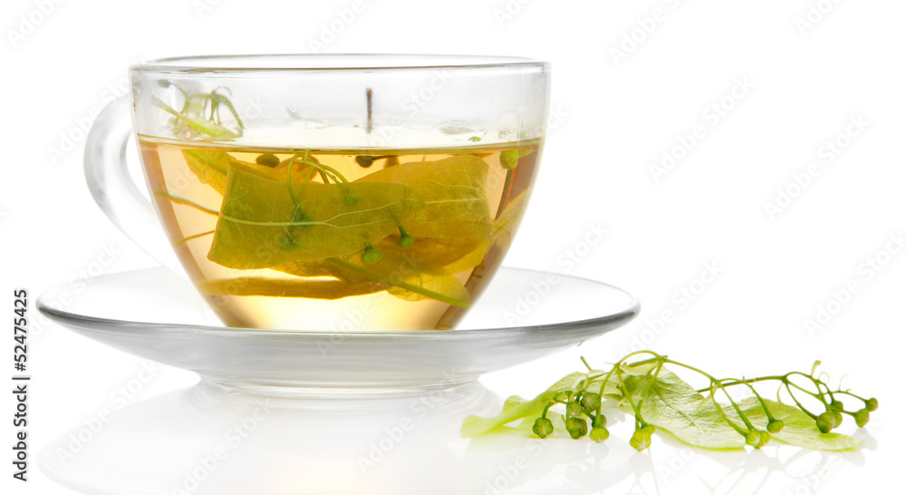 Glass cup of tea with linden isolated on white Glass cup of tea with linden isolated on white