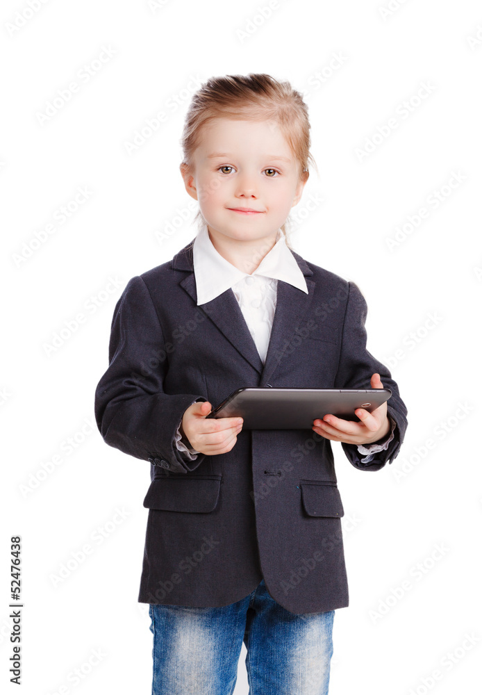 little girl in a business suit working on the tablet. isolation