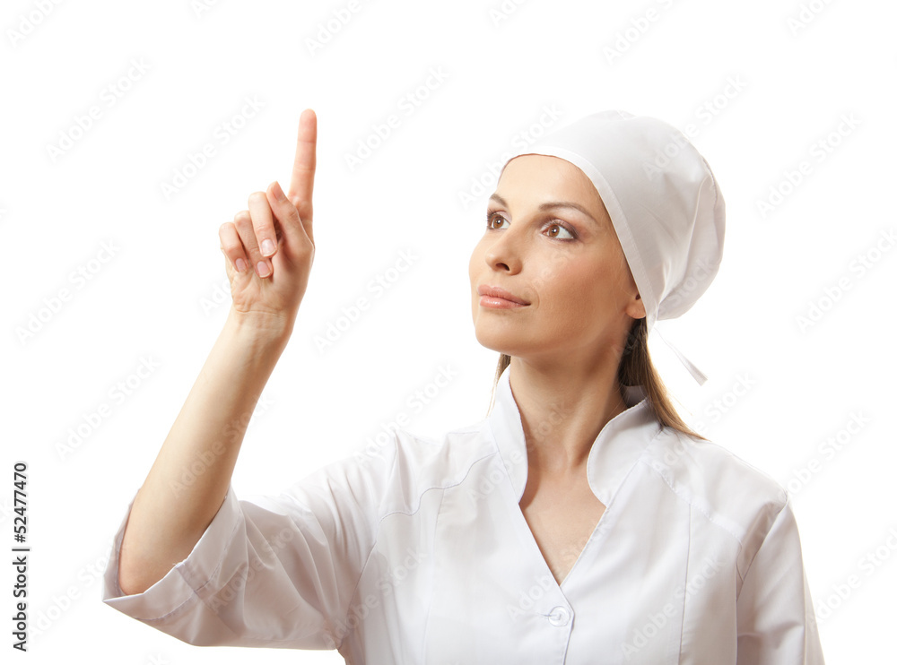woman doctor presses on a virtual button woman doctor presses on a virtual button