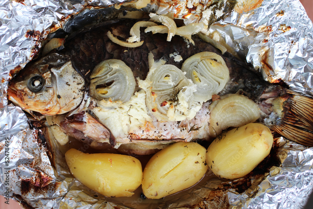 Roasted Crusian Carp with potato and onion Roasted Crusian Carp with potato and onion