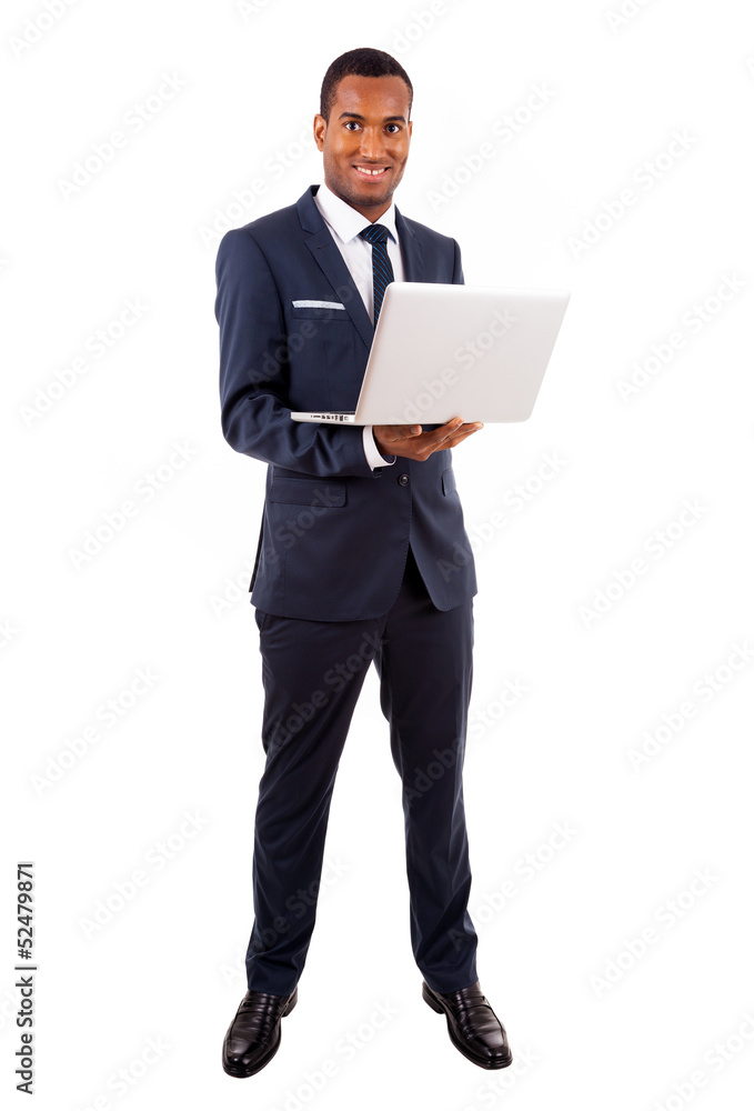 African American business man with laptop, isolated on white