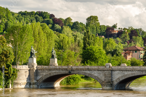 Turin, bridge on river Po and hills