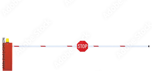 Gated Road Barrier Closeup, Roadway Gate Bar Stop Sign Isolated photo