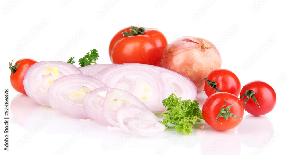 Onion cut with rings on wooden board isolated on white Onion cut with rings on wooden board isolated on white