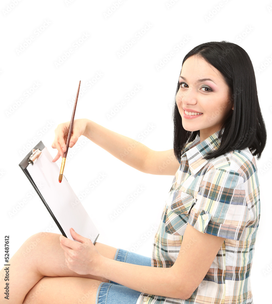 Beautiful young woman painter at work, isolated on white Beautiful young woman painter at work, isolated on white