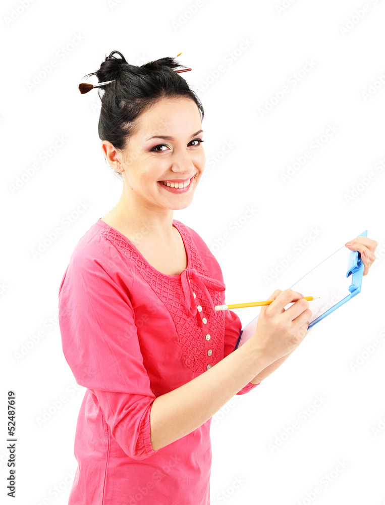 Beautiful young woman painter at work, isolated on white Beautiful young woman painter at work, isolated on white