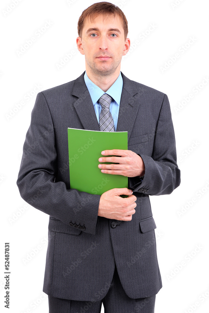 Young businessman with folder isolated on white. Young businessman with folder isolated on white.