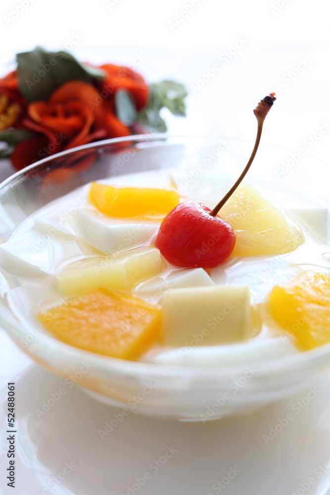 chinese food, almond tofu with mixed fruit on top chinese food, almond tofu with mixed fruit on top