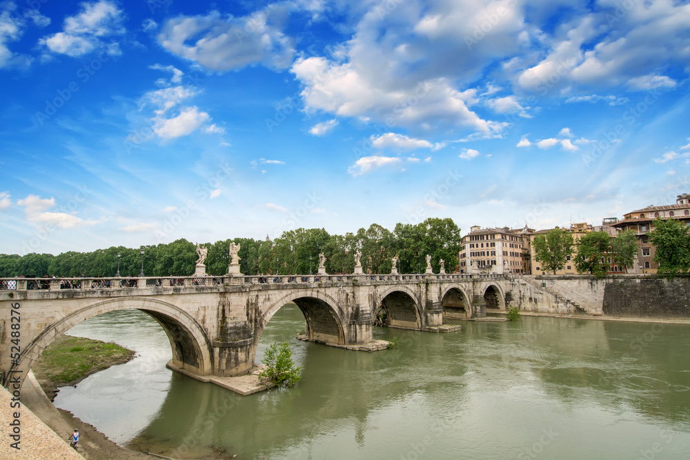 Rome, Italy. Beautiful view of Tiber river with famous Bridge