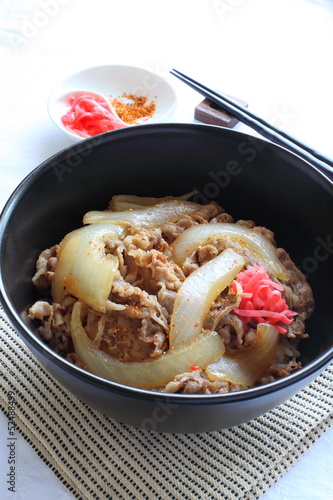 Japanese fast food, gyudon simmered beef on rice