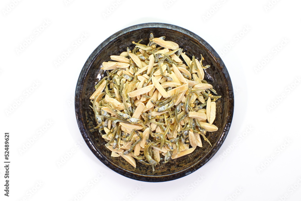 japanese healthy snack food, almond and favoured dried sardine