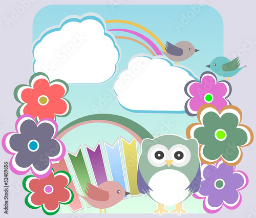 Background with owl, flowers birds and clouds
