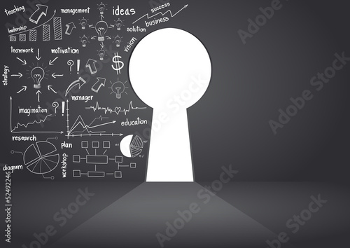 Opened wall in form of a keyhole with drawing business concept