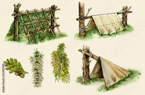 Illustration of survival shelters in the woods