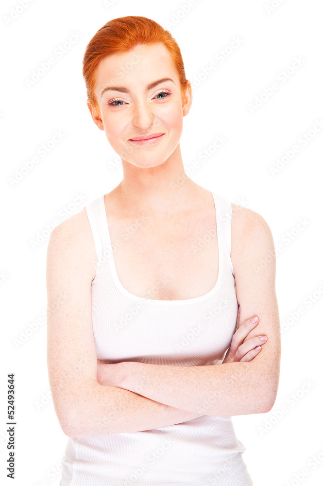 Woman with red hair in tank top over white background Woman with red hair in tank top over white background