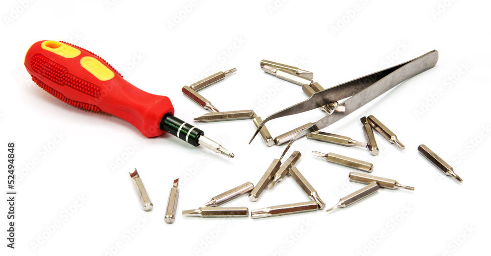 Tool yellow screwdriver heads toolkit isolated on white Tool yellow screwdriver heads toolkit isolated on white