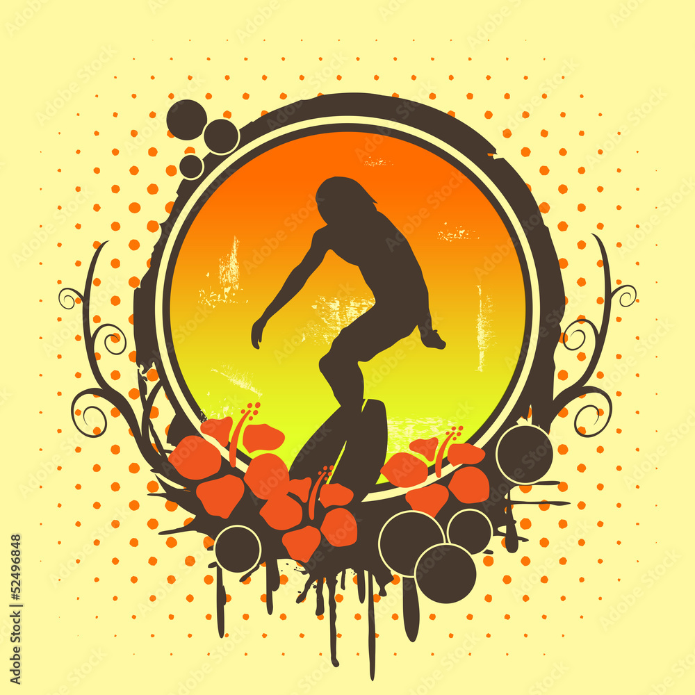 Grunge surfer wallpaper with hibiscus decoration Stock Illustration