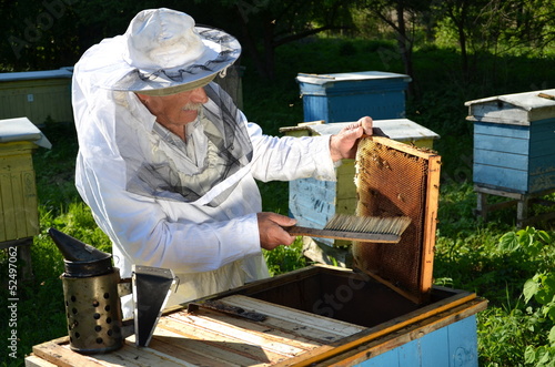 pszczelarz pracujący w pasiece w okresie wiosennym