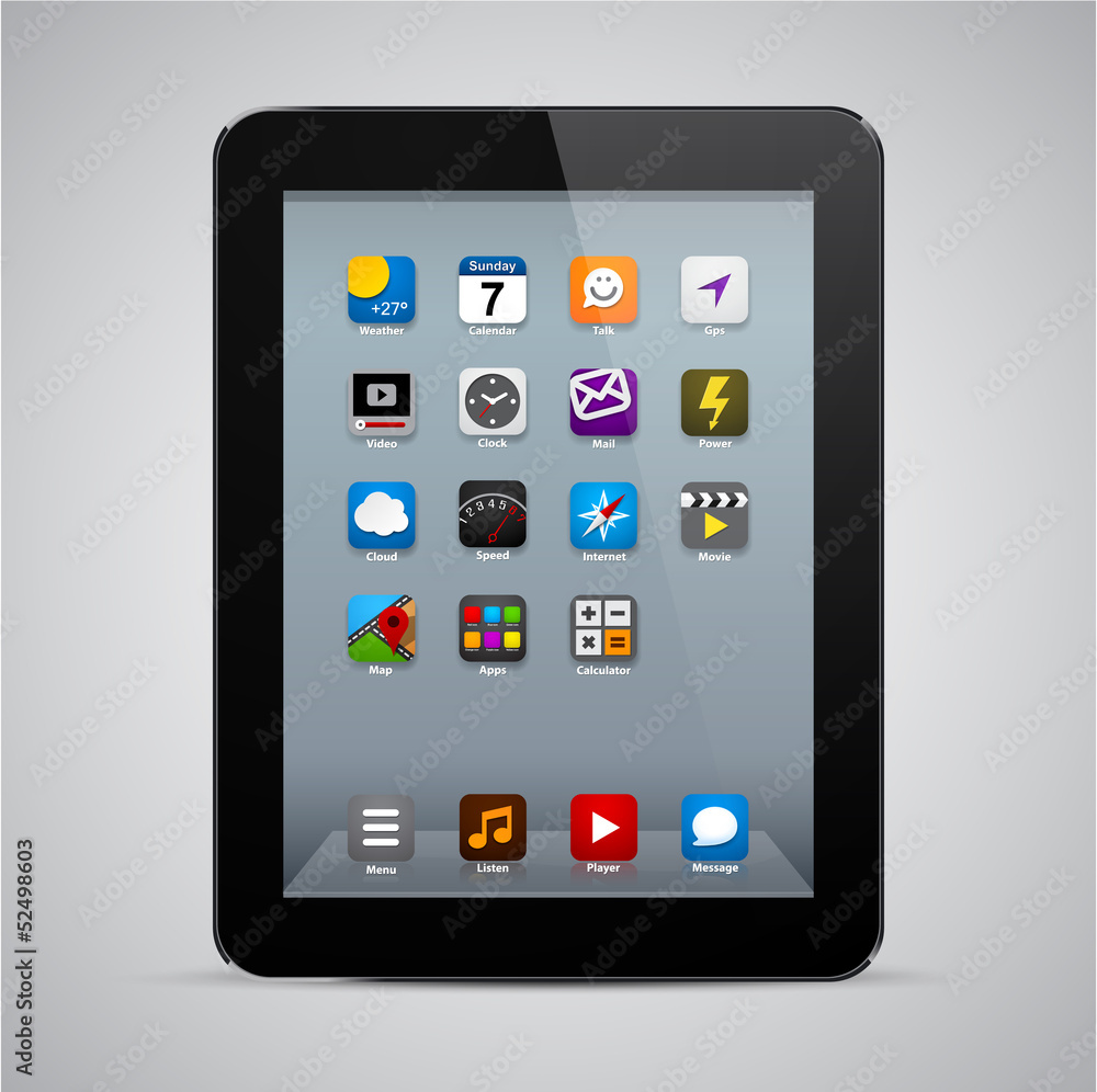 Realistic black tablet with apps.