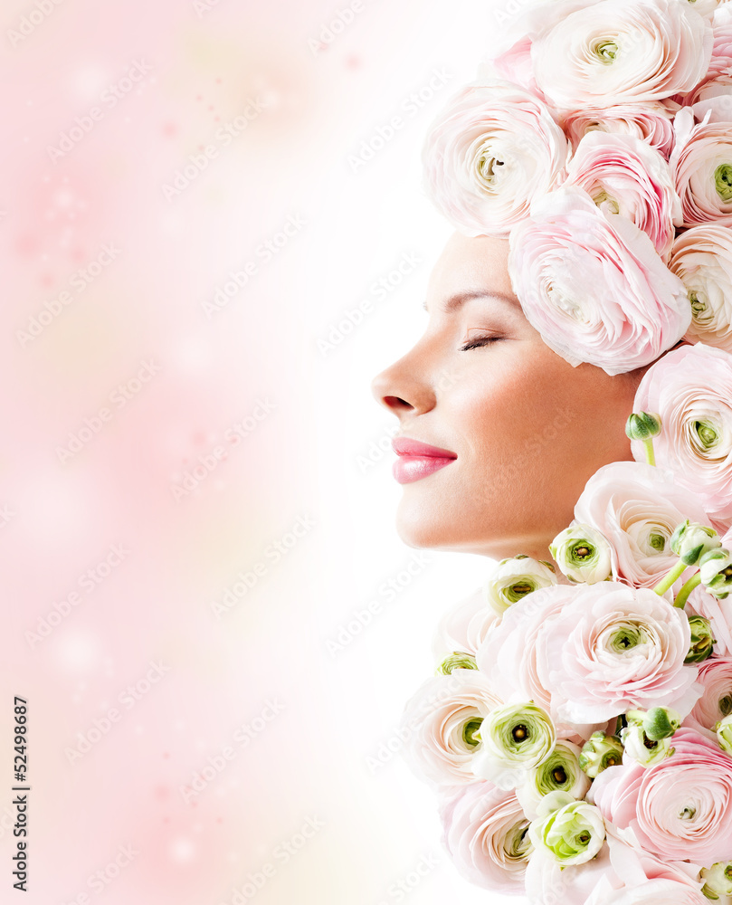 fashion model with  pink flowers in her hair.