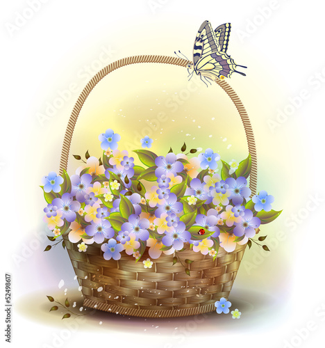 Wicker basket with violets. Victorian style.