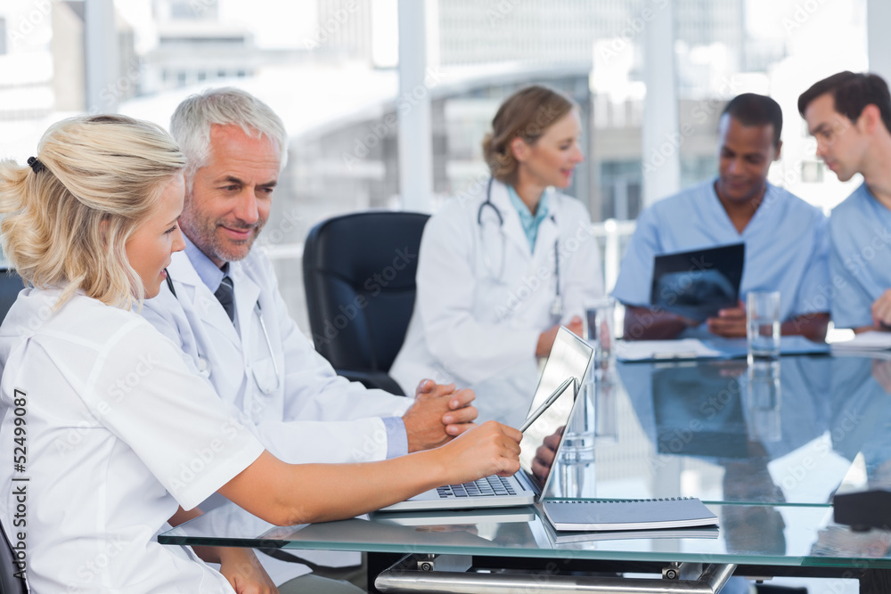 Two smiling doctors using laptop Two smiling doctors using laptop