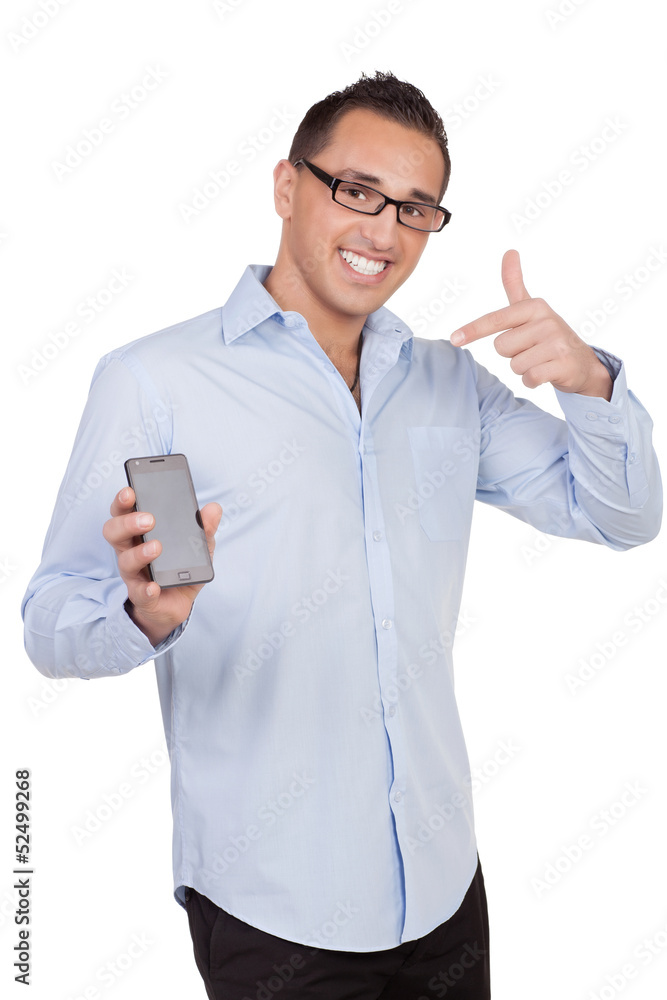 Smiling man showing of his mobile Smiling man showing of his mobile